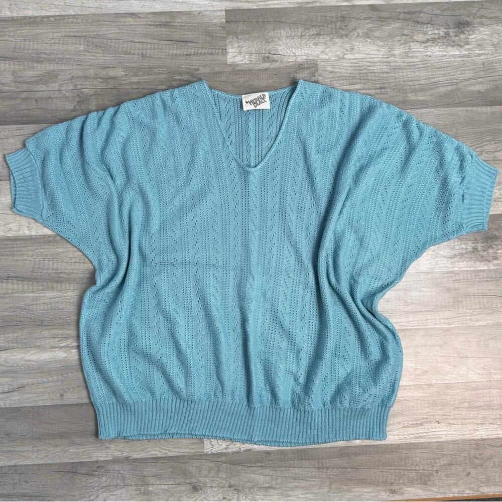 Vintage Blue Open Knit Short Sleeve Dolman Sweater Top Plus Size